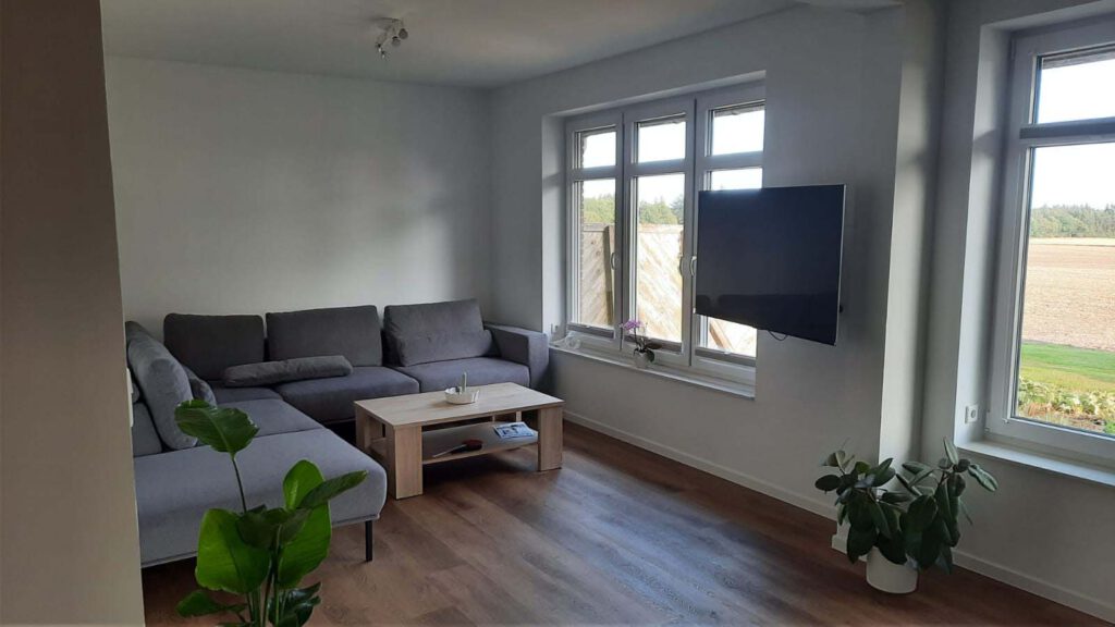 Auf dem Bild ist ein Wohnzimmer zu sehen, welches gerade saniert worden ist. In einen Modernen style.